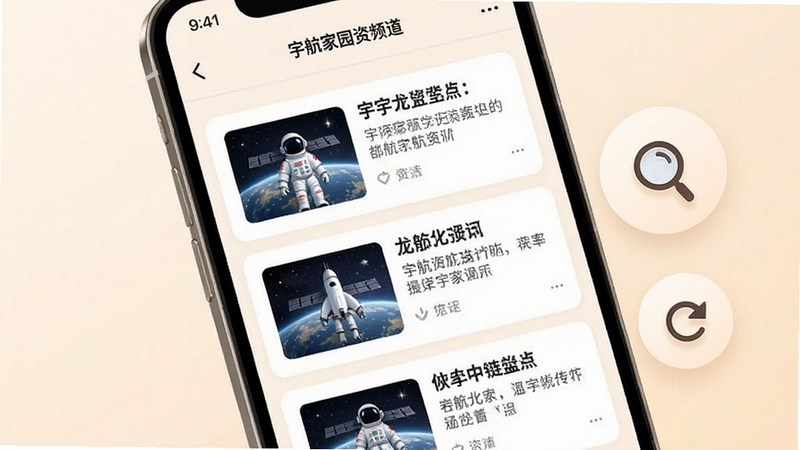 宇航家园资讯频道界面预览图,手机屏幕中展示图文并茂的信息流卡片,每张卡片包含标题与缩略图,背景为浅色阅读模式,画面右侧漂浮放大镜与刷新图标,整体色调温和护眼