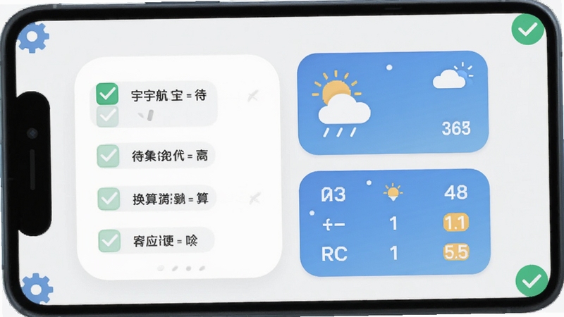 宇航家园实用工具集合界面,手机屏幕中展示待办清单、天气卡片与换算工具排列整齐,图标风格统一为圆角扁平化,背景为淡雅灰白色,画面角落点缀小齿轮与对勾符号