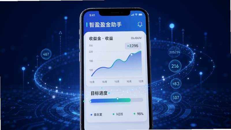 智盈金助手的收益测算界面展示,画面主体为手机屏幕,屏幕内显示收益曲线图与目标进度条,背景为深蓝色科技感渐变,周围有数字与光点环绕,体现智能测算与规划功能,适配Boogu模型生成。
