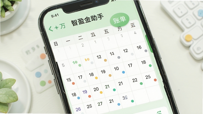 智盈金助手的账单日历功能展示,手机屏幕显示月历视图,日期格内有不同颜色的小圆点标记收支,背景为浅绿色清新风格,画面简洁明快,突出日历与提醒功能。