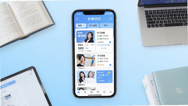 安雅培训APP主界面全貌展示,画面中央为手机屏幕正视图,屏幕内呈现安雅培训应用的首页布局,包含课程列表与学习进度卡片,背景区域为简洁的浅蓝色渐变,周围点缀书本与电子设备元素,整体风格清新明快,适配Boogu模型生成,分辨率1080x1920