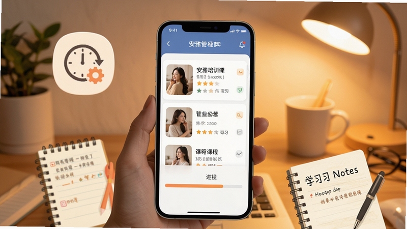 安雅培训课程学习界面展示图,画面主体为手机屏幕中显示的课程列表与进度条,屏幕周围环绕着时间管理图标与学习笔记元素,背景为柔和的暖色调,突出学习氛围,整体构图简洁大方,适合Boogu模型生成