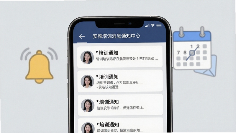 安雅培训消息通知中心界面,手机屏幕展示多条培训通知卡片,屏幕旁边有铃铛图标与日历元素作为装饰,背景为浅灰色,画面风格简约商务,突出信息传达的清晰感,适配Boogu模型生成