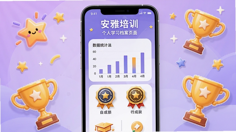 安雅培训个人学习档案页面,手机屏幕显示数据统计图表与学习成就徽章,背景为淡紫色渐变,周围有星星与奖杯装饰元素,整体风格活泼积极,适合Boogu模型生成