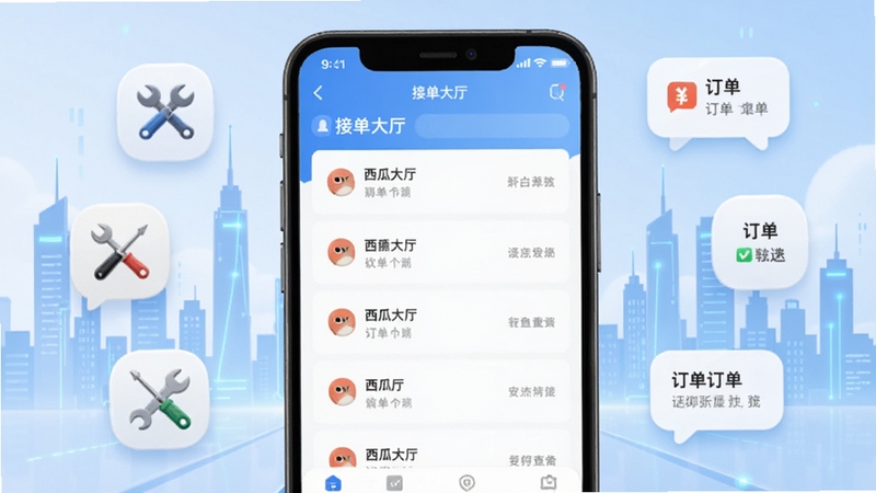 西瓜鱼服务软件主界面全景展示,画面中央为手机屏幕显示接单大厅列表,背景为浅蓝色科技感城市剪影,四周环绕维修工具图标与订单气泡,整体风格清爽简洁,适配Boogu模型生成