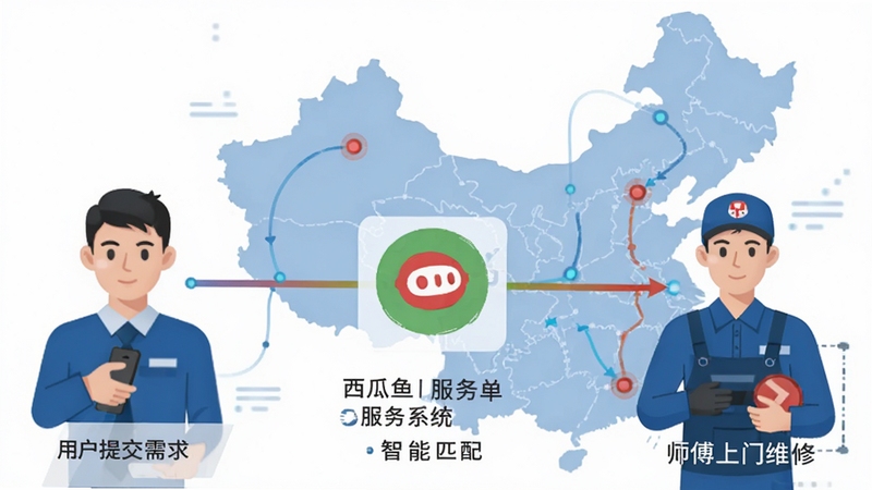 全国联保派单流程图,画面左侧为用户提交需求,中间为西瓜鱼服务系统智能匹配,右侧为师傅上门维修,背景为中国地图轮廓与连接线条,风格扁平化商务插画