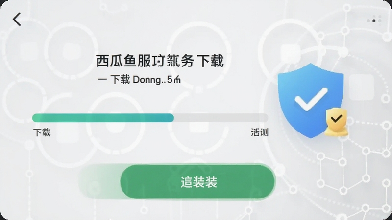 西瓜鱼服务App下载安装界面截图,画面展示手机下载进度条、安装按钮与安全检测盾牌图标,背景为浅灰色科技纹理,风格简洁可信