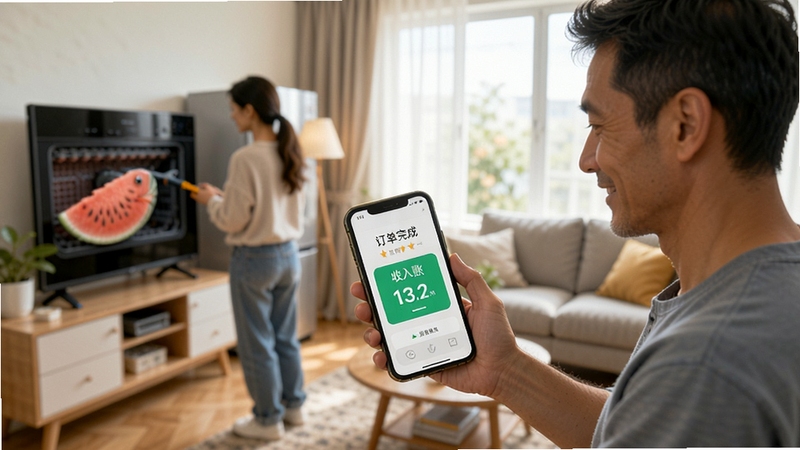西瓜鱼服务师傅接单赚钱场景,画面为师傅手持手机在用户家中维修家电,手机屏幕显示订单完成与收入到账动画,背景为明亮客厅,风格真实温暖