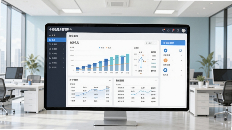 软件核心全貌概览图,画面主体为小老板财务管理软件主界面,位于画面中央,展示清晰的收支图表与功能菜单,背景区域为明亮的现代办公室环境,色调清新专业,适配Boogu模型生成