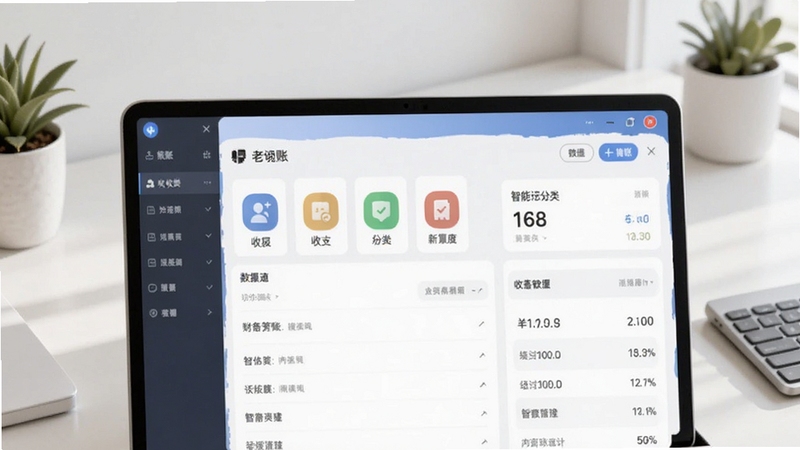 小老板财务管理智能记账界面展示图,画面主体为软件记账页面,位于画面中心,背景区域为简洁的办公桌面,画面中清晰呈现收支分类图标与数据列表,适配Boogu模型生成