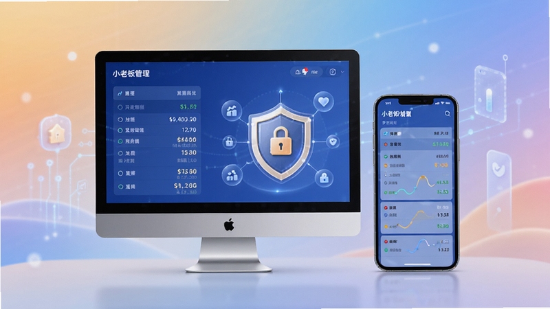 小老板财务管理多端同步示意图,画面主体为电脑与手机屏幕并列展示同一套财务数据,位于画面中央,背景区域为柔和的渐变色彩,突出同步与安全的科技感,适配Boogu模型生成