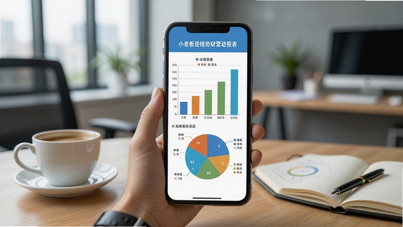 小老板进销存财务经营报表展示,画面为手机屏幕显示彩色柱状图与饼图,背景为现代办公室环境,桌上有一杯咖啡与笔记本,整体氛围轻松高效,体现数据驱动决策