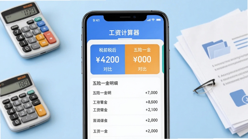 一款名为工资计算器的手机应用界面展示,画面主体位于正中央,显示税前税后工资对比数字和五险一金明细列表,背景为浅蓝色渐变办公桌面,搭配计算器图标和文档元素,整体风格简洁现代,适合软件下载站展示