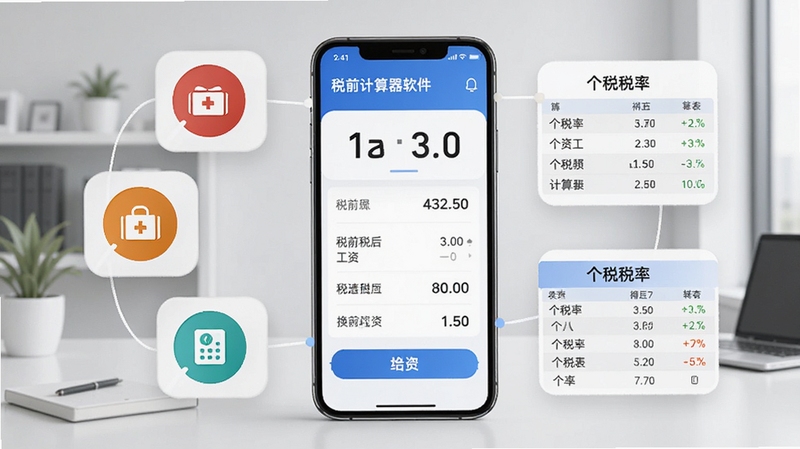 工资计算器软件功能展示图,画面中央为手机屏幕显示税前税后工资换算结果,屏幕周围环绕五险一金图标和个税税率表卡片,背景为淡灰色办公环境,风格干净清爽,突出工资计算器核心功能