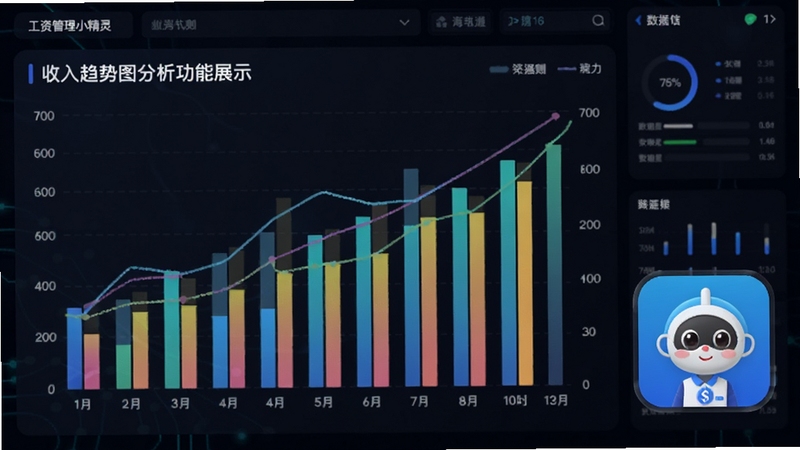 工资管理小精灵 收入趋势图表分析功能展示,画面主体为彩色柱状图与折线图组合,背景为深色数据看板风格,图表旁有工资管理小精灵软件图标,科技感与商务感结合,高清渲染