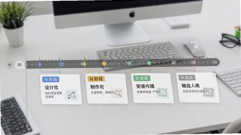广告公司管理软件项目进度跟踪界面,画面主体为横向时间轴与任务卡片,卡片上标注设计、制作、安装等阶段,背景为浅灰色办公桌面,整体风格高效有序