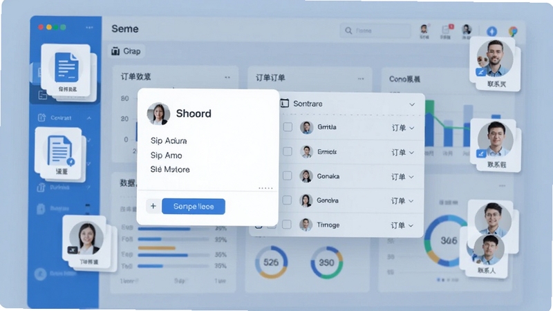 广告公司管理软件客户订单管理界面,画面中心为悬浮的客户信息卡片与订单列表,背景为淡蓝色数据看板,周围环绕合同图标与联系人头像,整体风格清爽简洁