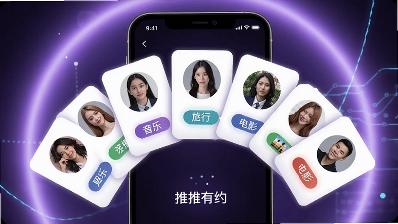 推推有约智能匹配功能展示图,画面以手机屏幕为主体,屏幕中显示多个用户头像卡片呈扇形排列,每张卡片下方带有兴趣标签如音乐、旅行、电影,背景为柔和的紫色光晕,科技感与社交氛围结合
