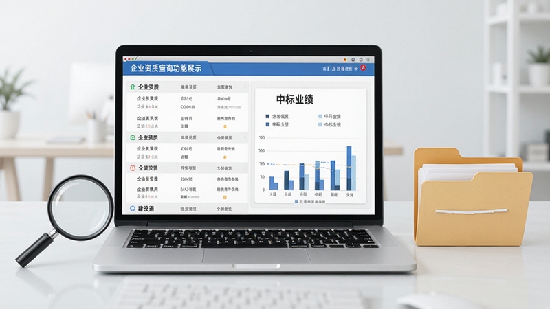 ����ͨ��ҵ���ʲ�ѯ����չʾ��������һ̨�ʼǱ�������Ļ��ʾ��ҵ����֤���б����б�ҵ��ͼ�����Ա��зŴ󾵺��ļ���Ԫ�أ�����Ϊǳ��ɫ�칫���棬�������������񣬻�������Ȼ���뽨��ͨ����������Booguģ������