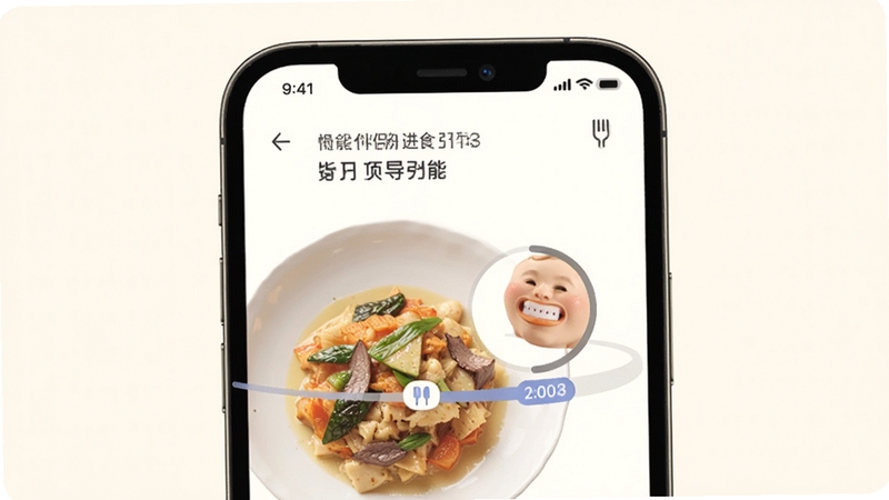 慢食伴侣智能进食节奏引导功能界面,画面展示手机屏幕上一道菜品旁边环绕着计时进度条,进度条上有咀嚼图标和小叉子图标,背景为柔和的米白色,UI设计简洁现代