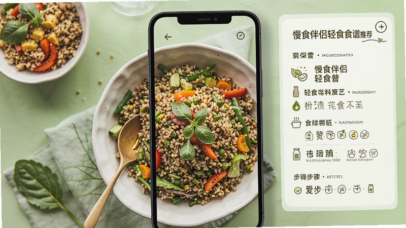 慢食伴侣轻食食谱推荐页面,画面展示手机屏幕上一碗色彩丰富的藜麦沙拉照片,旁边有食材清单和步骤简述,背景为清新的浅绿色调,美食摄影风格