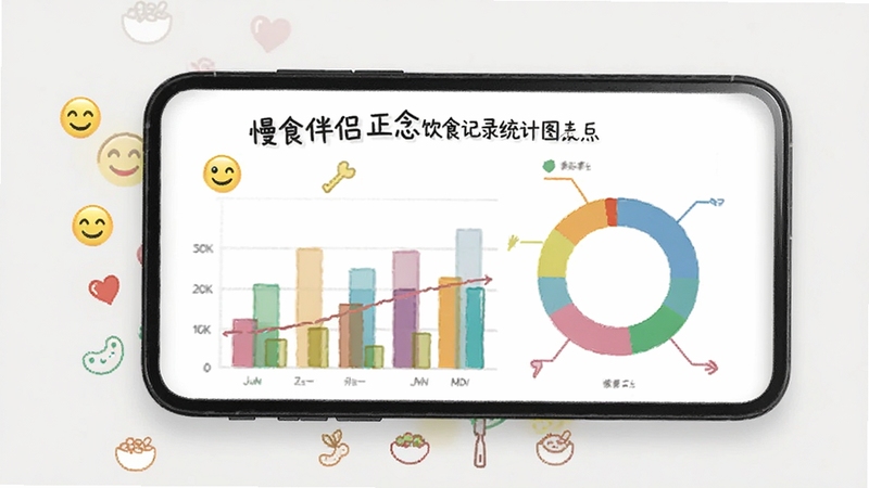 慢食伴侣正念饮食记录统计图表,画面主体为手机屏幕显示彩色柱状图与环形图,图表旁有代表心情的表情符号和食物小图标,背景为浅灰色极简风格,数据可视化设计