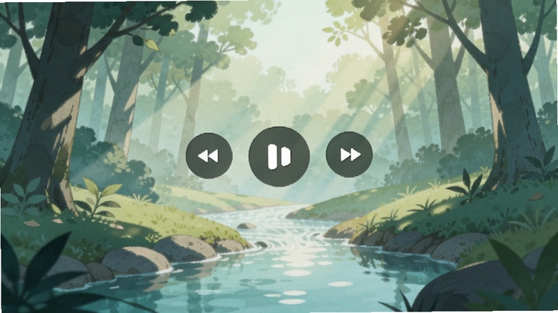 慢食伴侣专注模式白噪音界面,画面描绘一副宁静的自然场景插画,包含森林、溪流和柔和的阳光,画面中央悬浮着播放控制按钮,整体色调为治愈系的蓝绿色
