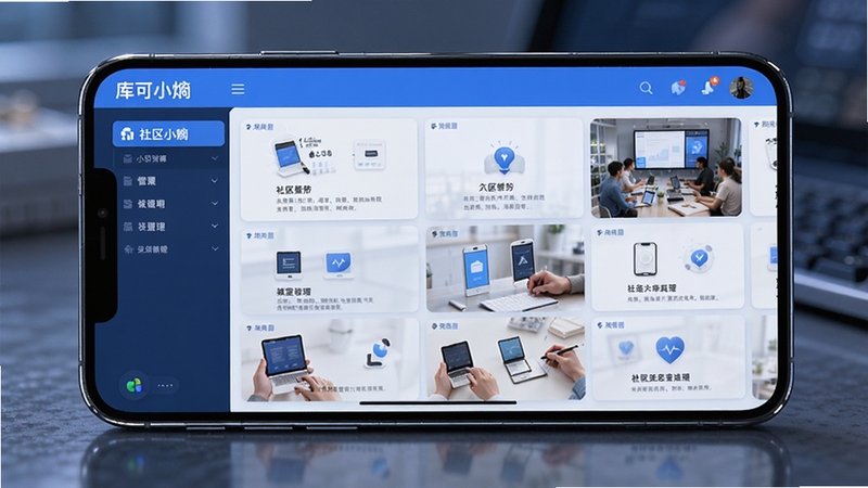 库可小熵 软件主界面 手机屏幕 网格化管理 蓝色调 扁平化设计 社区服务场景 高清渲染 细节丰富 科技感