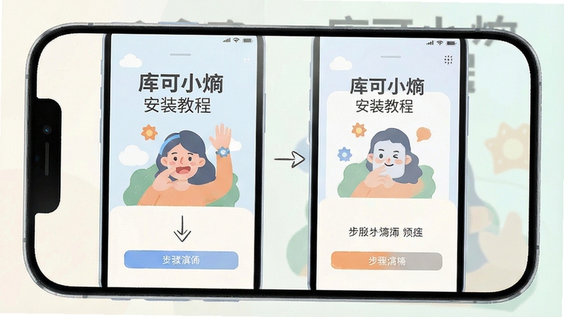 库可小熵 安装教程 手机屏幕截图 步骤演示 扁平插画风格 色彩柔和 界面简洁 操作指引