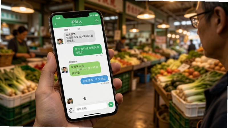 农贸人APP客商在线沟通聊天界面,画面主体为手机屏幕中的聊天对话窗口,背景为农贸市场档口场景,暖色调,真实感