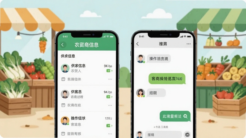 农贸人APP客商对接操作流程图,画面主体为手机屏幕中的供求信息与聊天窗口并列展示,背景为简洁的农产品市场场景,扁平化插画风格,色调清新