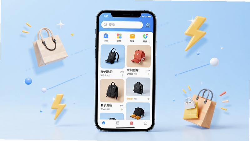 快闪购应用主界面展示,画面中央为手机屏幕,屏幕内呈现快闪购商品瀑布流布局,顶部有搜索栏和分类图标,背景为柔和的浅蓝色渐变,周围点缀简约购物袋和闪电符号,整体风格清新明快,适配Boogu模型生成,高清画质,细节丰富