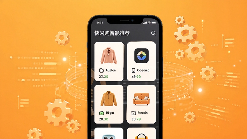 快闪购智能推荐界面,画面中央为手机屏幕显示个性化商品推荐卡片,卡片上有服饰、数码、家居等不同品类图标,背景为温暖的橙黄色调,周围有数据流和齿轮元素象征算法推荐,画面简洁现代,适配Boogu模型生成
