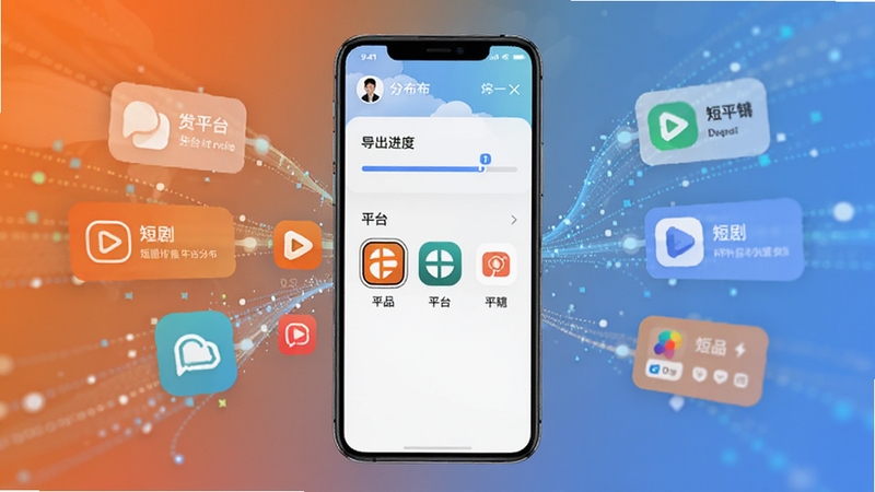 制作短剧软件的导出设置界面,画面中央是手机屏幕显示导出进度条与平台图标选项,背景区域呈现多平台发布的数据流特效,突出短剧作品一键分发的高效与便捷