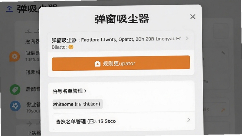 弹窗吸尘器设置界面截图,展示规则更新按钮与白名单管理区域,界面采用卡片式布局,背景为淡灰色,突出弹窗吸尘器文字标识