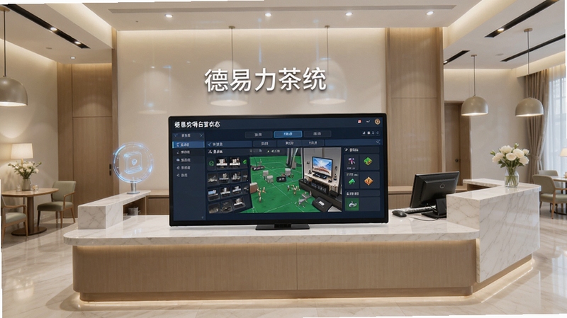 德易力明酒店茶楼管理系统主界面全貌,画面中央展示软件操作台与房台状态图,背景为简洁明亮的酒店茶楼前台环境,科技感与商务感结合,高清细节