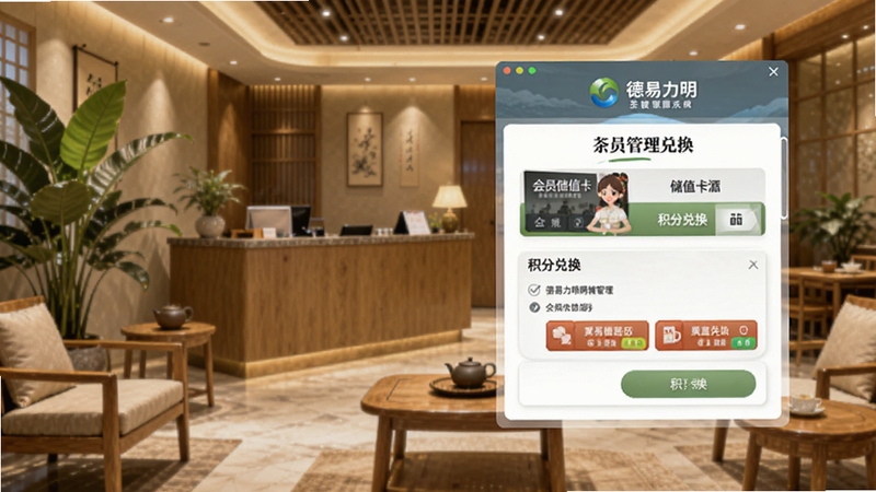 德易力明酒店茶楼管理系统会员管理模块截图,画面展示会员储值卡与积分兑换界面,背景为温馨的茶楼接待区,有绿植与木质家具,风格清新商务