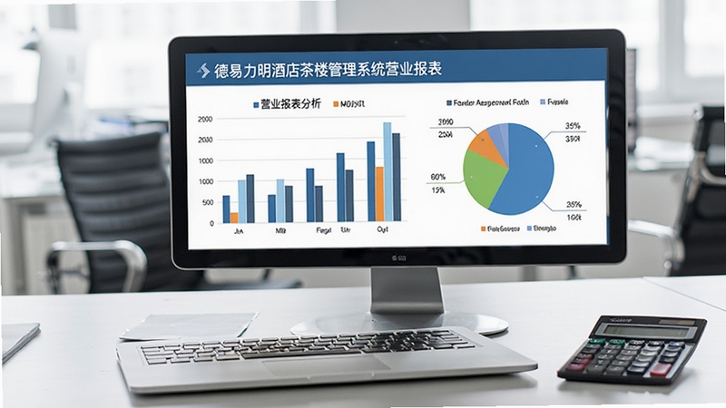 德易力明酒店茶楼管理系统营业报表分析界面,屏幕显示柱状图与饼图数据,背景为办公室桌面,有笔记本电脑与计算器,商务数据分析氛围