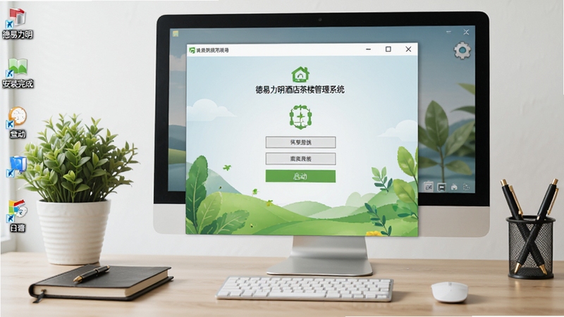 德易力明酒店茶楼管理系统安装完成后的桌面快捷方式与启动界面,画面展示电脑桌面图标和软件登录窗口,背景为整洁的办公桌面,有绿植和文具,风格清新自然