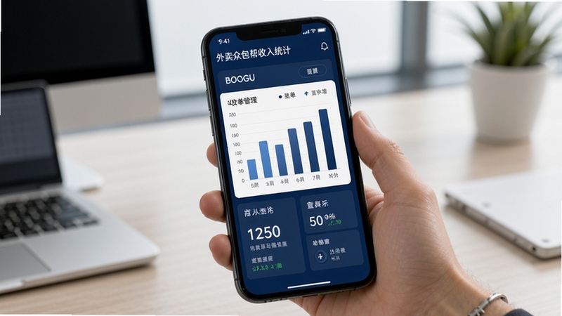 外卖众包帮收入统计页面,手机屏幕展示柱状图与数字汇总,界面采用深蓝色商务风格,数据清晰易读,背景为简洁办公桌面环境,突出收入管理与跑单记录功能,适合Boogu模型生成