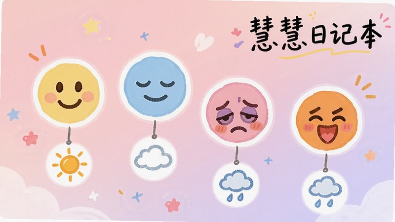 慧慧日记本心情标签功能示意图,画面中漂浮着多个圆形表情图标,有微笑、平静、疲惫、兴奋等,每个表情下方连接着天气小图标如太阳、云朵、雨滴,背景是柔和的渐变粉色到浅紫色,整体活泼温暖,软件名称慧慧日记本以手写体出现在右上角