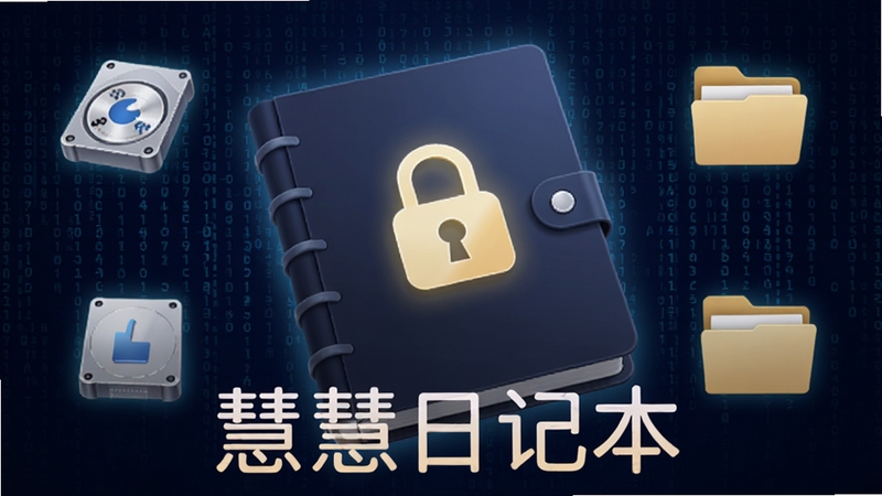 慧慧日记本软件界面截图风格,画面中显示一个带锁形图标的日记本封面,背景是深蓝色数字矩阵,锁发出淡金色光芒,周围环绕着本地磁盘和文件夹图标,整体传达安全私密的科技感,软件名称慧慧日记本以柔和字体出现在画面下方