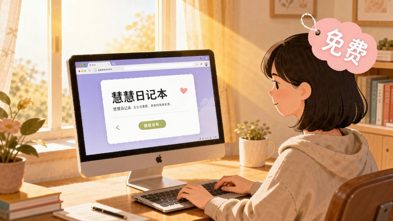 慧慧日记本免费使用场景插画,画面中一个人坐在窗边书桌前,面前电脑屏幕显示慧慧日记本界面,旁边有“免费”字样的柔和标签,窗外阳光洒入,整体色调温暖明亮,突出轻松无负担的使用体验