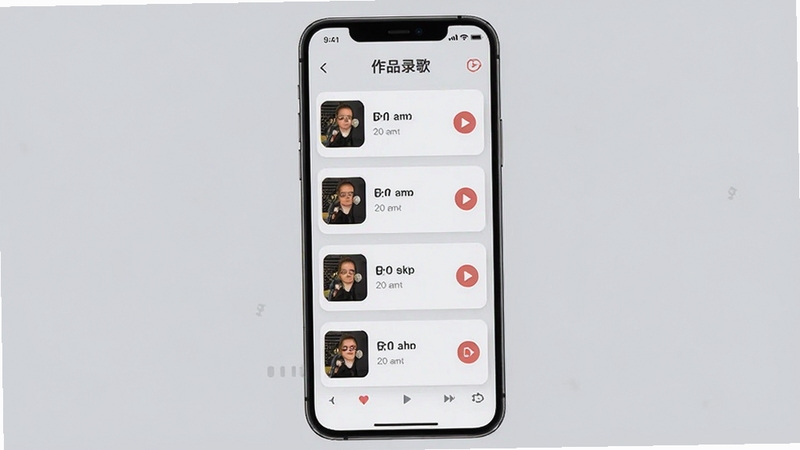 快乐豆录歌 作品列表与导出界面图,手机屏幕显示多条录音作品卡片,带有播放按钮和导出图标,背景为浅灰色卡片式布局,突出管理便捷性