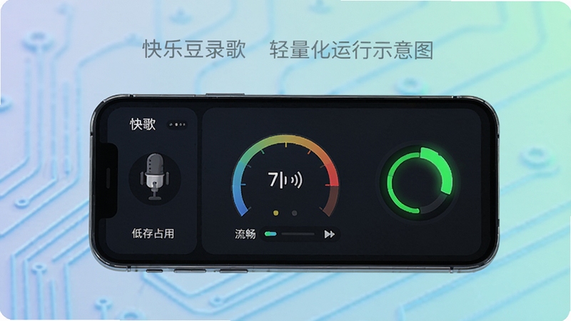 快乐豆录歌 轻量化运行示意图,手机展示低内存占用与流畅录音状态,画面中有性能仪表盘和绿色运行指示灯,背景为科技感浅色渐变