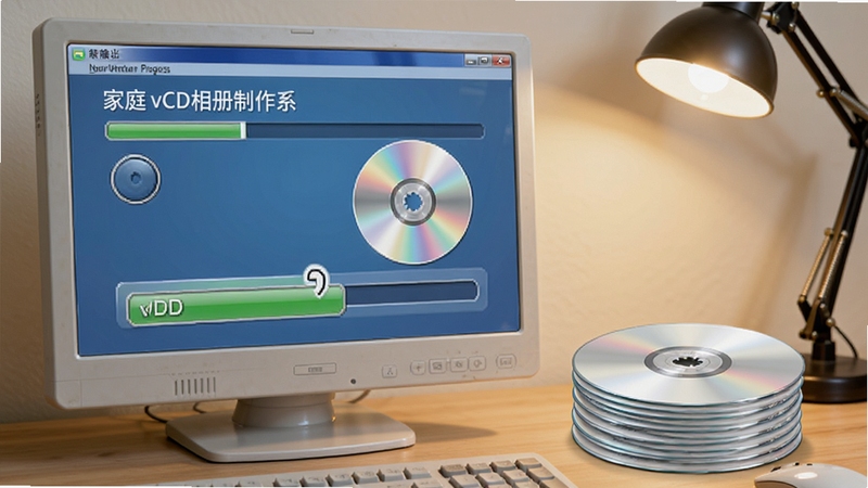 家庭vcd相册制作系统刻录输出界面,画面中显示刻录进度条和光盘图标,电脑旁放着一叠空白光盘,背景是整洁的电脑桌面,暖色台灯光线,写实风格,画面干净