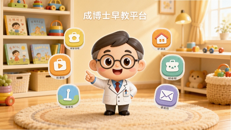 成博士早教平台主界面全景展示,画面中央为软件吉祥物博士形象与多彩课程图标环绕排列,背景区域为温馨明亮的家庭书房场景,书架上摆放绘本与益智玩具,整体色调柔和温暖,突出早教启蒙氛围,卡通风格,高清细节