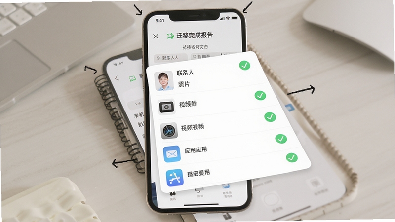 手机搬家数据传输完整性检查界面图,画面展示新手机屏幕上显示迁移完成报告,列出联系人、照片、视频、应用等各项数据的迁移数量与状态,部分项目显示绿色对勾,背景为简洁的白色卡片式设计,突出手机搬家数据迁移结果清晰可见