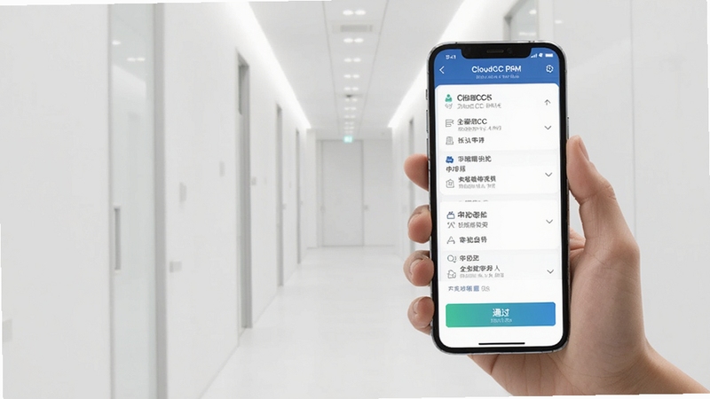 CloudCC CRM审批流程手机界面,画面主体为手持手机展示审批列表与通过按钮,背景为简洁的白色办公走廊,光线柔和,适配Boogu模型生成