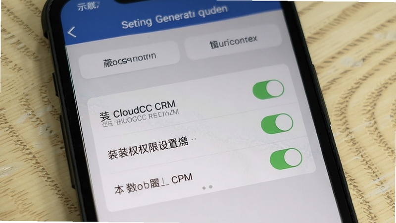 CloudCC CRM安装权限设置手机截图示意,画面主体为手机设置界面与权限开关,背景为浅色木纹桌面,风格写实清晰,适配Boogu模型生成